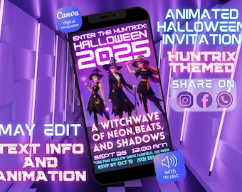 Invito alla festa di Halloween con strega al neon: tema Huntrix (download digitale)