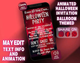 Invito digitale per festa di Halloween spettrale rossa, RSVP modificabile per fantasmi, volantino per festa in costume da casa stregata