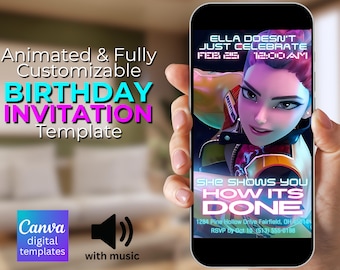 Invito di compleanno K-pop Demon Hunter, biglietto digitale modificabile a tema BTS, perfetto per i fan e come decorazione per le feste