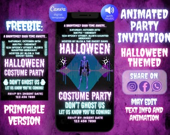 Invito alla festa di Halloween al neon: invito modificabile per festa in maschera (modello Canva)