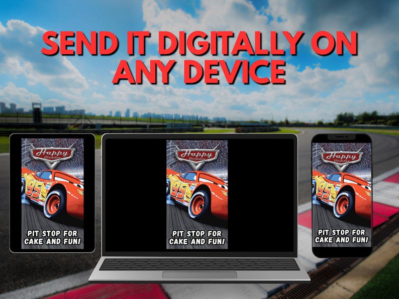 Inbjudan till födelsedag för Bilar Lightning McQueen | Animerad digital racingfestbanderoll | Inbjudan till biltema med racerbil bild 5