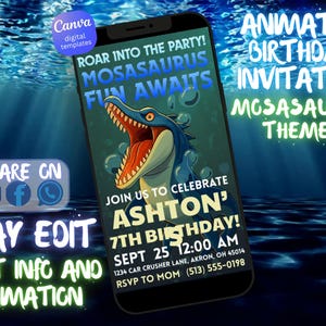 Peut inclure: Invitation d'anniversaire animée sur le thème du Mosasaurus. Le design présente un Mosasaurus de dessin animé avec la bouche ouverte. L'invitation comprend le texte "Roar into the party!" et "Join us to celebrate Ashton's 7th Birthday!"
