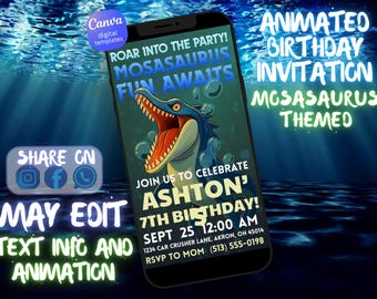 Animated Mosasaurus Birthday Invite | Digital Dino Party | Editable Jurassic Theme for Boys | Instant Download