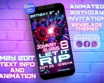Invitación de cumpleaños de juguete giratorio: invitación animada para fiesta de torneo (plantilla de Canva, descarga digital)