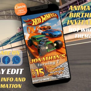 May include: A smartphone displays a Hot Wheels-themed animated birthday invitation. The design features toy cars on a race track, with text that reads "Jonathan's turning 7" and the date "Nov 15". The invitation is customizable.