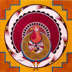 May include: A colorful Native American art print featuring a turkey with a red, orange, and yellow patterned body. The turkey is surrounded by a circular design with black, white, and blue accents. The artist's signature, "Jerome Martinez", is visible in the lower left corner.
