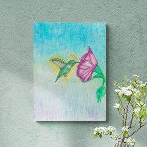 Hummingbird wall art, pastel bird print, hummingbird, small flying bird, pastel blue green, hummingbird painting