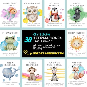 Könnte beinhalten: Set mit 12 Affirmationskarten für Kinder, mit Aquarellillustrationen von Tieren und positiven Botschaften. Die Karten enthalten Sätze wie "Ich bin dankbar" und "Ich bin ein guter Freund."