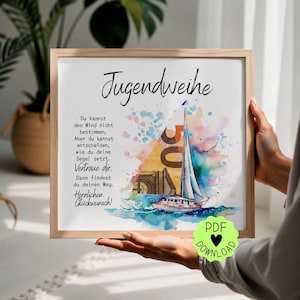 Könnte beinhalten: Ein gerahmter Druck mit dem deutschen Text Jugendweihe, einer Aquarell-Illustration eines Segelboots mit einem 50-Euro-Schein im Segel und einem motivierenden Zitat. Ein hellgrüner runder Aufkleber zeigt den Text PDF DOWNLOAD in Schwarz.
