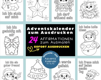 Printable Advent Calendar | 24 Affirmations for Children's Coloring Pages DIY | Printable Template & Coloring Page | Instant PDF Download