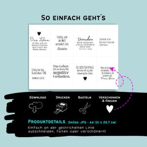 May include: A white printable sheet with German text and inspirational quotes, including quotes by Buddha and Johann Wolfgang von Goethe. The sheet also includes icons for downloading, printing, crafting, and gifting.