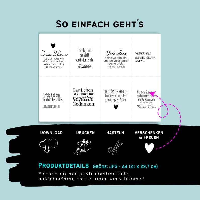 May include: A white printable sheet with German text and inspirational quotes, including quotes by Buddha and Johann Wolfgang von Goethe. The sheet also includes icons for downloading, printing, crafting, and gifting.