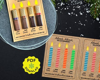 Printable "Advent wreath to go card" | Chocolate bar Christmas card | PDF template download and print | Small Advent gift