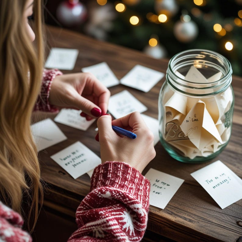 May include: A person writing on small white cards with a blue pen, with a glass jar filled with folded notes. The person is wearing a red and white patterned sweater. The scene is set on a wooden surface, with a Christmas tree in the background.