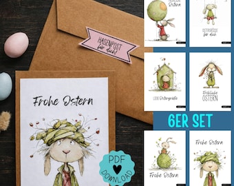 Printable Easter card set of 6 with envelopes | Easter bunny | Easter greeting | Postcard | Folded card | PDF envelope | DIY