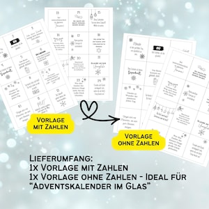 May include: Two sets of Advent calendar cards, one with numbers and one without, connected by a heart-shaped arrow. The cards feature inspirational messages and festive graphics. Text on the image includes "VORLAGE MIT ZAHLEN" and "VORLAGE OHNE ZAHLEN".