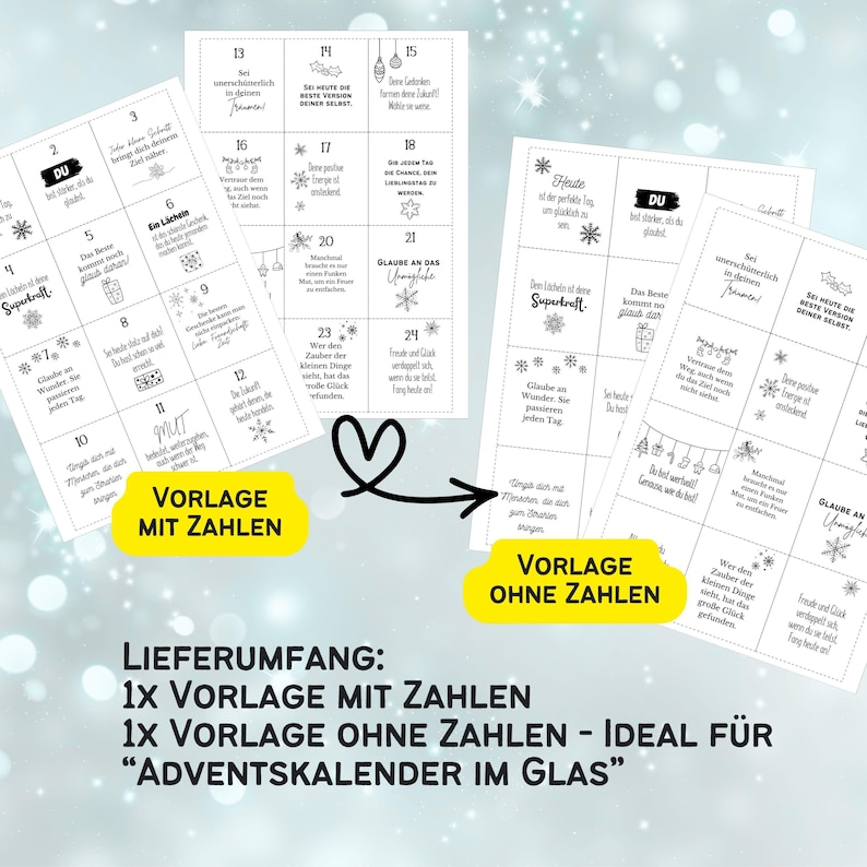May include: Two sets of Advent calendar cards, one with numbers and one without, connected by a heart-shaped arrow. The cards feature inspirational messages and festive graphics. Text on the image includes "VORLAGE MIT ZAHLEN" and "VORLAGE OHNE ZAHLEN".