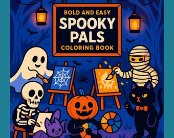May include: A colorful illustration for a Halloween-themed coloring book titled "Bold and Easy Spooky Pals Coloring Book." The image features cartoon characters like a ghost, skeleton, mummy, black cat, and pumpkin, all engaged in art activities.