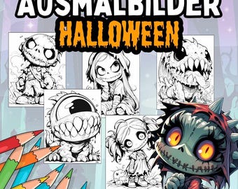 May include: A collection of Halloween-themed coloring pages featuring various spooky cartoon characters. The pages are black and white, with a variety of monsters and zombies. Colored pencils are visible in the lower left corner.