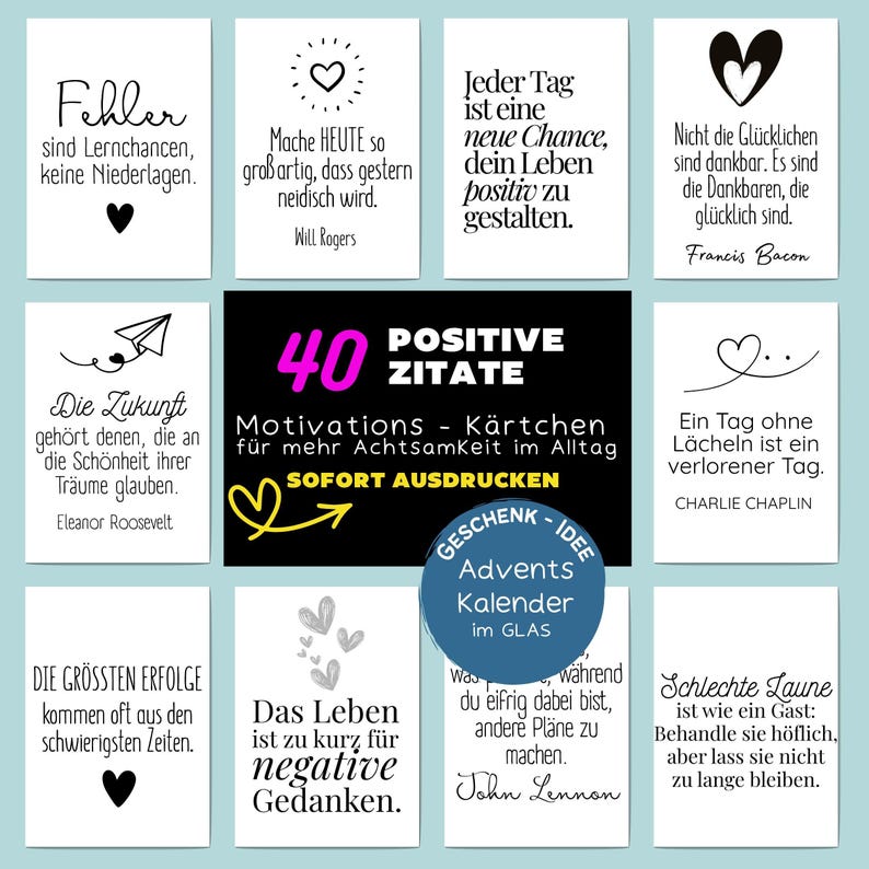 40 Positive Zitate zum Ausdrucken | Adventskalender im Glas Inhalt | Mutmacher Sprüche Motivation Achtsamkeit | Sofort Download verschenken weisheiten einstein motivationskarten