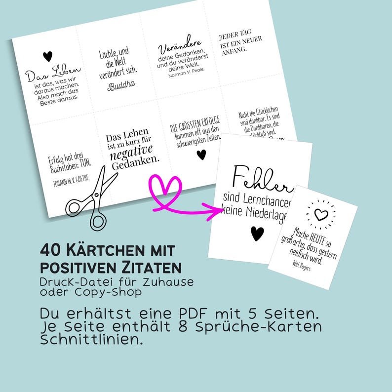 May include: A white card set with positive quotes in German. The cards feature black text on a white background, with a heart graphic. The text includes quotes from Buddha, Johann W. Goethe, and Norman V. Peale. The set includes 40 cards.