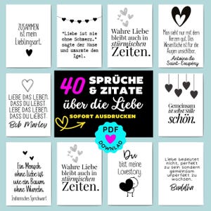 Puede incluir: Un conjunto de tarjetas imprimibles con citas de amor en alemán. Las tarjetas presentan diseños en blanco y negro con corazones y varias fuentes. La tarjeta central anuncia "40 Citas y Dichos sobre el Amor" disponibles para descarga inmediata.