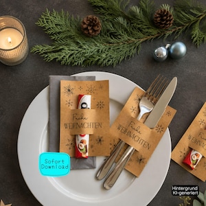 Duplo Borddekorationer Julfestgåvor | Adventsetikett Utskrivbar Mall | DIY Julfest Bestickhållare Pysselmall PDF Festgåva
