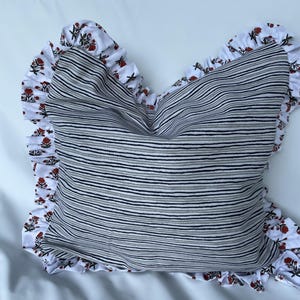 Striped Throw Pillow with Floral Ruffle