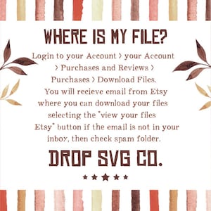 May include: A digital art graphic with the text "WHERE IS MY FILE?" and instructions on how to download files from Etsy. The image has a decorative border with watercolor-style vertical stripes in various earth tones. The Drop SVG Co. logo is at the bottom.