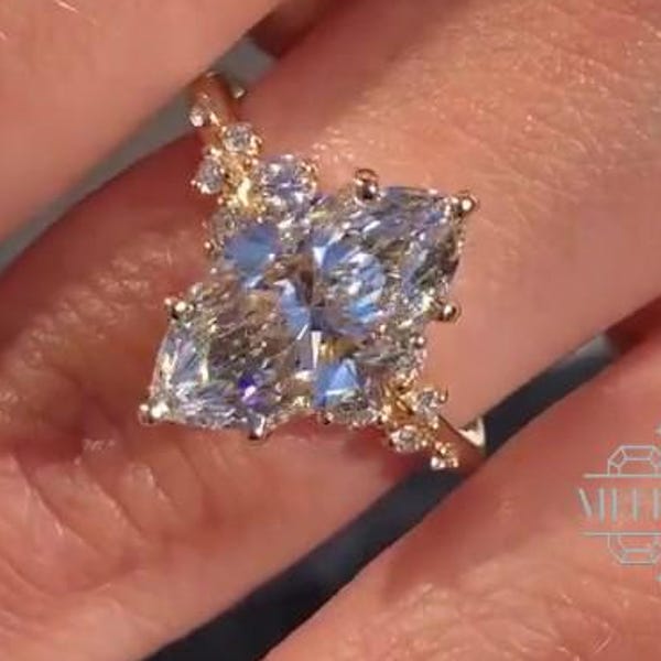 Marquise Moissanite Engagement Ring, Yellow Gold Sterling Silver Bridal