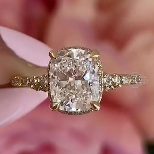 Unique 3 CT Cushion Cut Diamond Moissanite Engagement Ring 10K 14K Yellow gold Vintage Wedding Ring Promise Anniversary Bridal Gift for Her