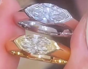 East West Marquise Cut Moissanite Bezel Set Förlovningsring i 14 karat guld för kvinnor, vigselring för alla hjärtans dag, löfte, årsdag