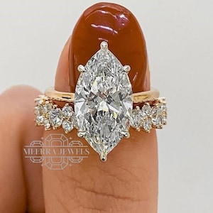 Unique Set of 2 Stackable Marquise Diamond Moissanite Engagement Wedding Ring 10k 14K Bridal Set Matching Band Promise Stacking Ring Gift