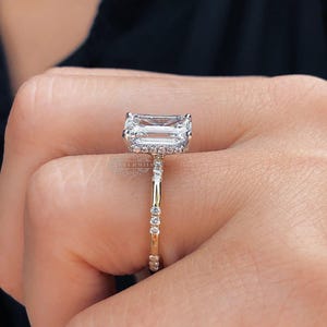 Unique 3 CT Emerald Cut Diamond Moissanite Engagement Ring 10K 14K Yellow gold Vintage Wedding Ring Promise Anniversary Bridal Gift for Her