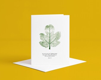 Christian Greetings Card – Jesus Sees You, Fig Leaf Bible Art, Linocut Print