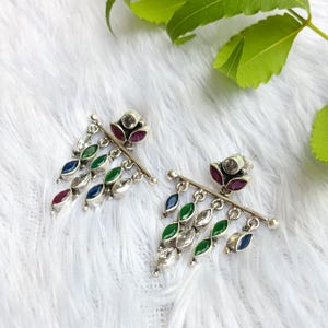 Bohemian Sterling Silver Marquise Multi Gemstones Chandelier Earrings, Tribal Fringe Drops