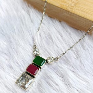 925 Sterling Silver Ruby Emerald & CZ Necklace - Minimalist Women Jewelry - Gemstone Wedding Gift