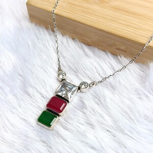 925 Sterling Silver Ruby Emerald & CZ Necklace - Minimalist Women Jewelry - Gemstone Wedding Gift