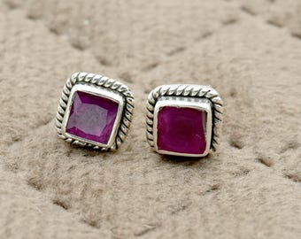 925 Sterling Silver Natural Ruby Earrings: Handmade Tiny Studs
