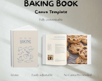 May include: A baking book Canva template featuring a beige cover with blue line art of kitchen tools and the text BAKING. The open book displays a recipe for choc chip cookies with a photograph of cookies on a wire cooling rack. A4 size.