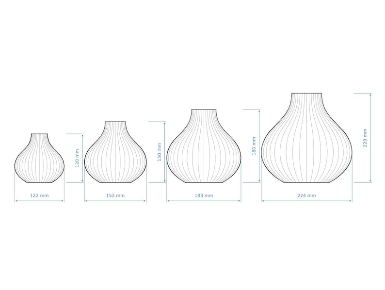 May include: Line drawing of four decorative vases in varying sizes. The smallest vase is 12.2 cm tall, the next is 12 cm tall, the third is 15 cm tall, and the largest is 22 cm tall. Each vase has vertical lines.
