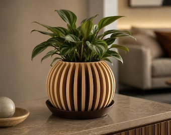 Japandi Flower Pot – Ribbed Spherical Planter for Plants & Decoration, Modern Boho Garden Accessory, Gift for Plant Lovers