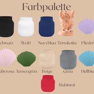 May include: A colour palette displaying decorative items, including vases and shell-shaped objects, in shades like black, white, navy blue, and pink. The text "Farbpalette" is at the top.