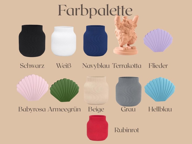 May include: A colour palette displaying decorative items, including vases and shell-shaped objects, in shades like black, white, navy blue, and pink. The text "Farbpalette" is at the top.