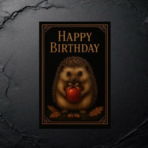 Birthday Card Printable, Hedgehog and Apple Forest Animal Greeting, 5x7 Digital Download