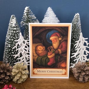 Festive Santa and Owl Xmas Card Woodland Christmas Card