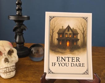 Haunted House Halloween Card – Enter If You Dare Gothic Illustration – 5x7 Luxury Greeting Card