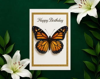 Biglietto Di Compleanno Per Matrigna Con Farfalla Dorata – Elegante, Tradizionale, Con Messaggio Interno E Busta, Realizzato In UK Su Carta Riciclabile