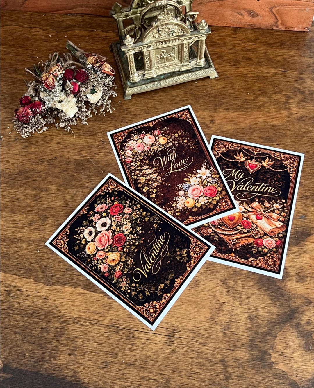 Printable Antique Floral Valentine Cards Set of 3, Dark Botanical ...