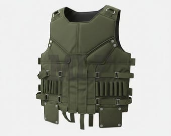 May include: An olive green tactical vest featuring a structured chest panel, multiple horizontal straps with metal buckles, and two lower square pockets. The vest includes integrated loops for small items and silver-toned hardware accents throughout.